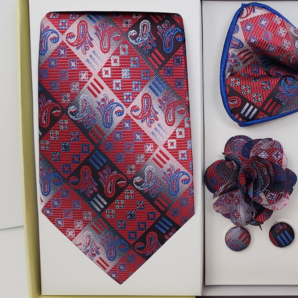 Blue Red Bow Tie & Necktie Bud Hanky CuffLink Set - Picture 2 of 8